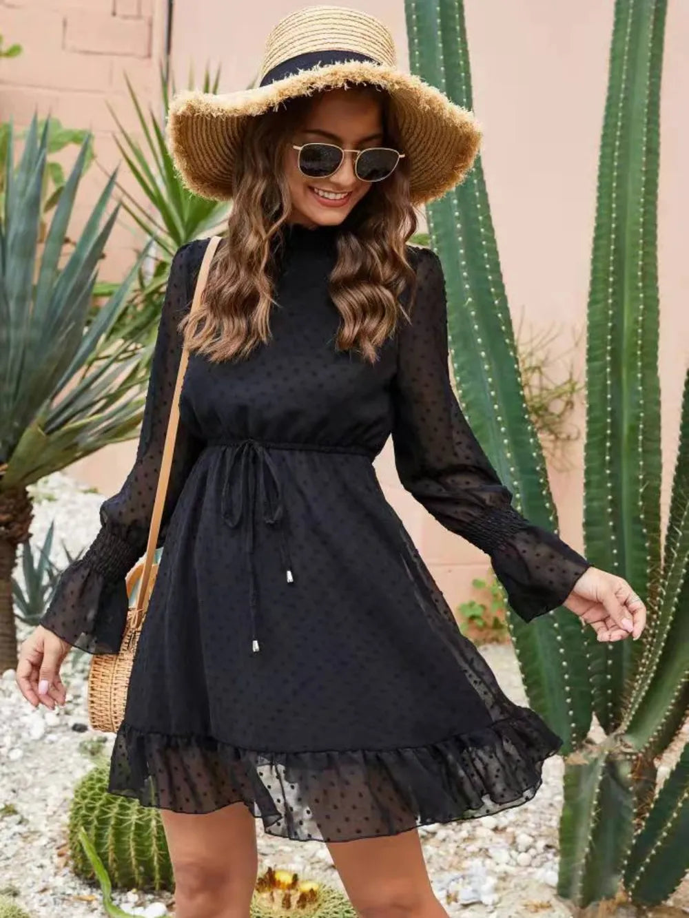 Neck Flounce Sleeve Mini Dress