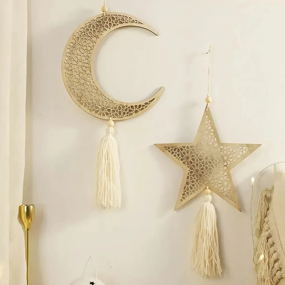 Necklace - Islamic Wooden Crescent Star Pendant