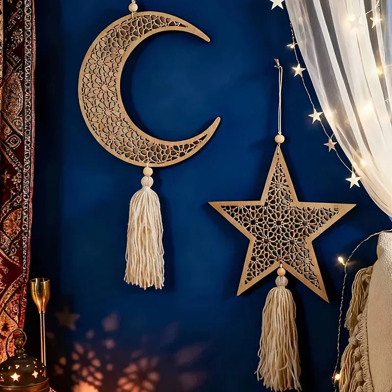 Necklace - Islamic Wooden Crescent Star Pendant