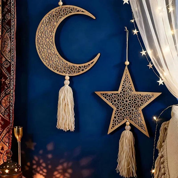 Necklace - Islamic Wooden Crescent Star Pendant