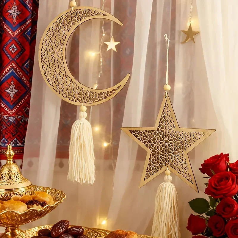 Necklace - Islamic Wooden Crescent Star Pendant