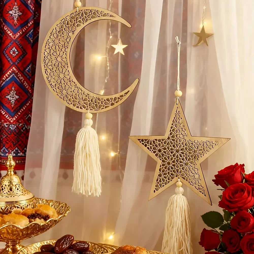 Necklace - Islamic Wooden Crescent Star Pendant