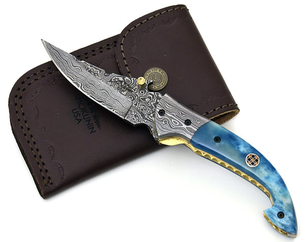 Neon Everyday Carry Pocket Knife with Bone Handle & Leather Sheath