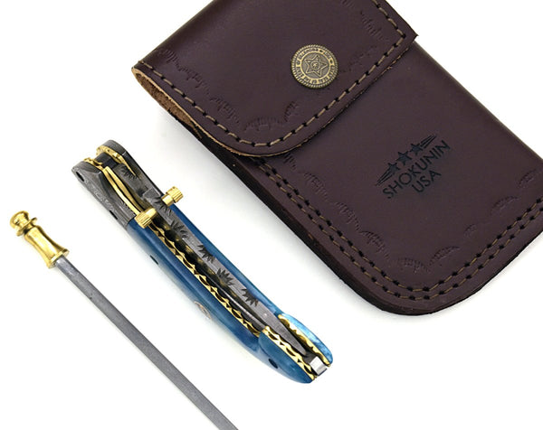 Neon Everyday Carry Pocket Knife with Bone Handle & Leather Sheath