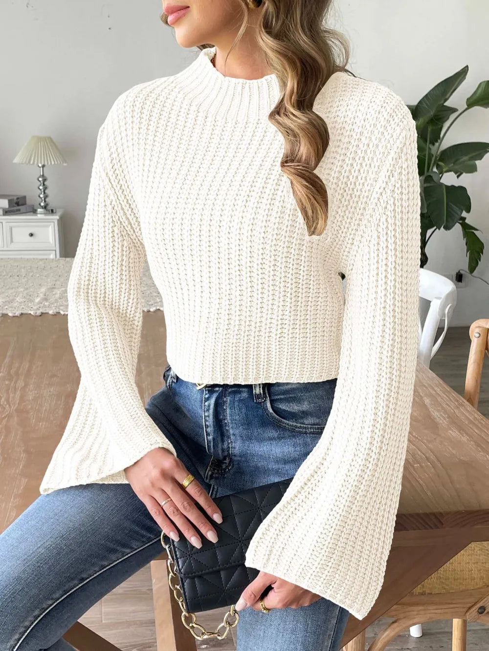 New autumn and winter flared sleeve semi high neck pullover sweater