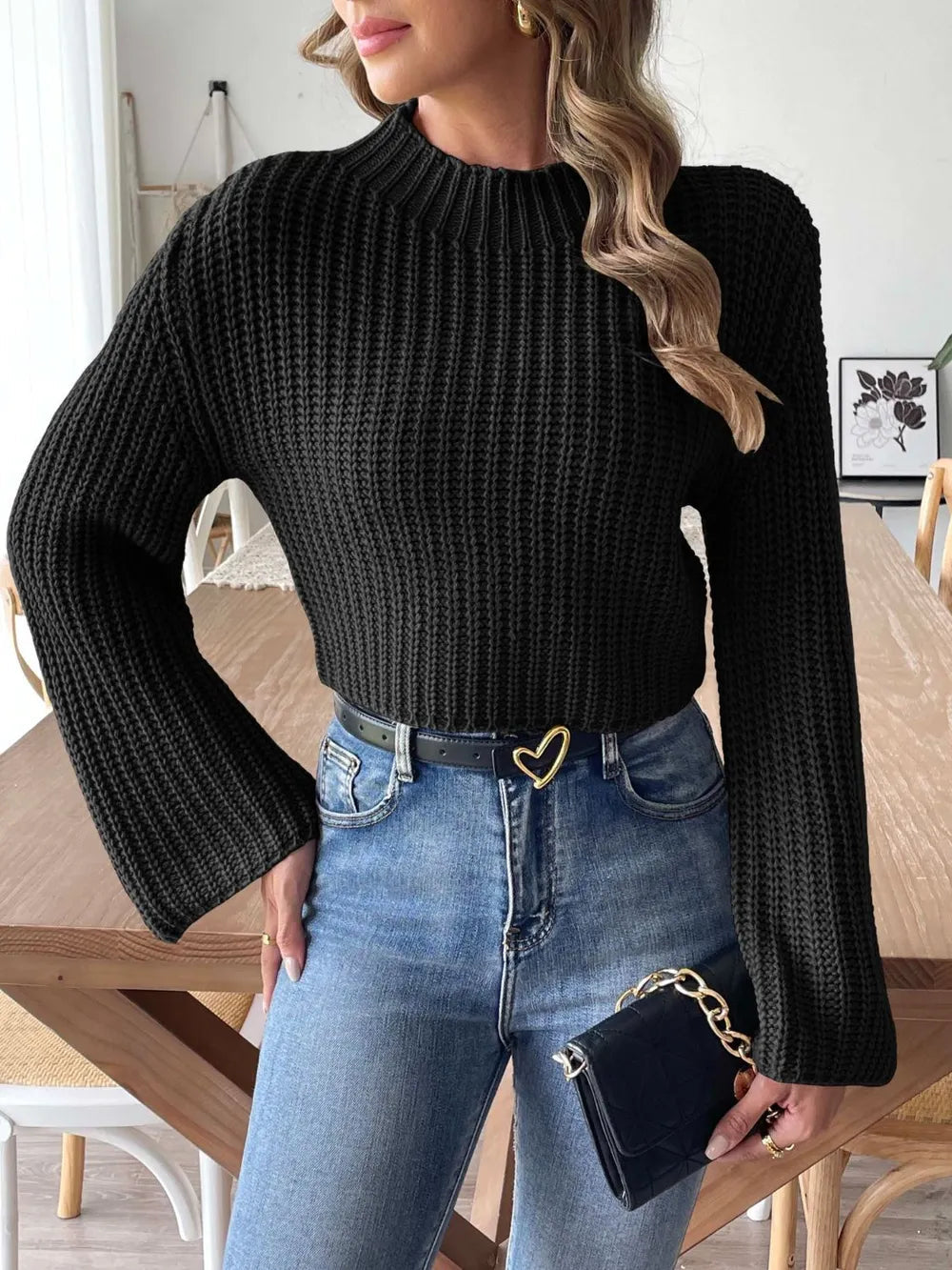 New autumn and winter flared sleeve semi high neck pullover sweater