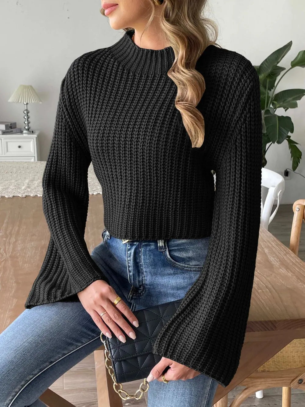 New autumn and winter flared sleeve semi high neck pullover sweater