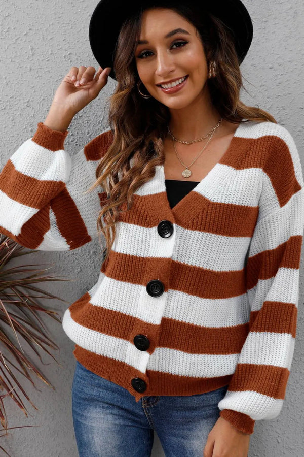 New autumn and winter women's clothing contrasting striped button spliced woven sweater jacket