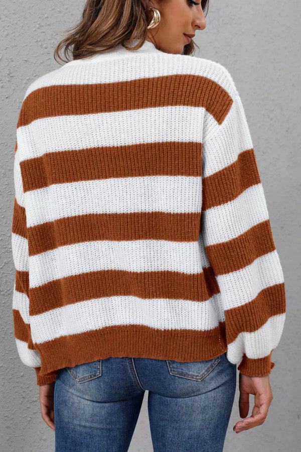 New autumn and winter women's clothing contrasting striped button spliced woven sweater jacket