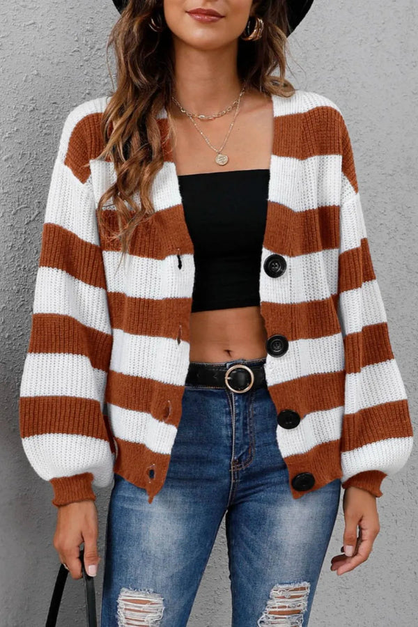 New autumn and winter women's clothing contrasting striped button spliced woven sweater jacket