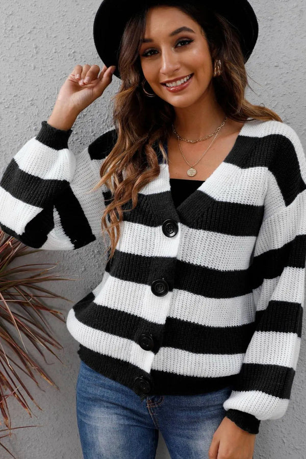 New autumn and winter women's clothing contrasting striped button spliced woven sweater jacket
