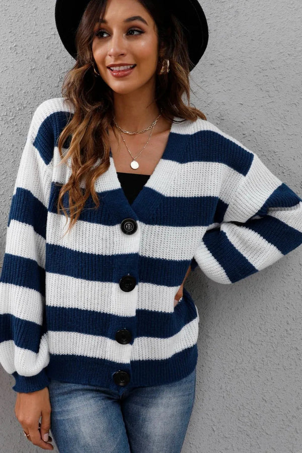 New autumn and winter women's clothing contrasting striped button spliced woven sweater jacket