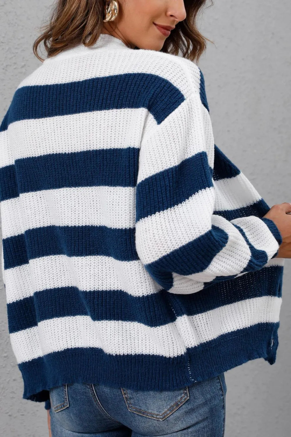 New autumn and winter women's clothing contrasting striped button spliced woven sweater jacket