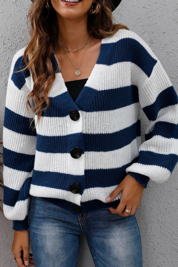 New autumn and winter women's clothing contrasting striped button spliced woven sweater jacket