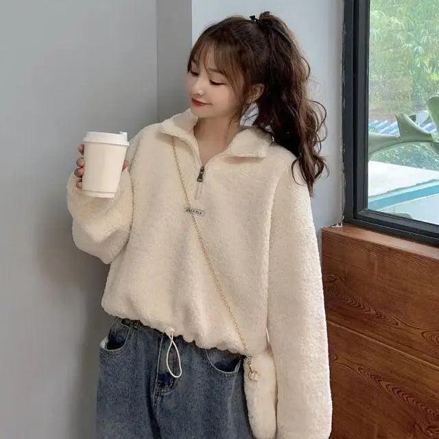 New Autumn Winter Hoodies Women New Imitation Lamb Short Plus Thick Sweatshirt Female Loose Student Jacket Tops Sweatshirt For Men And Women Fleece Sweatshirt Warm Winter Sweatshirt