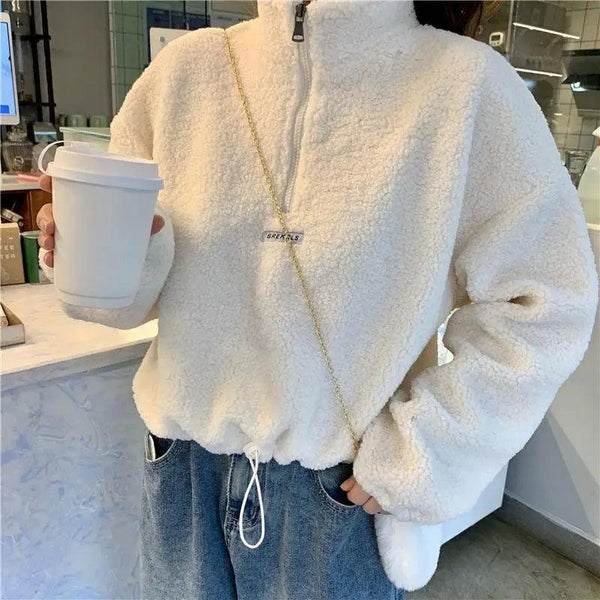 New Autumn Winter Hoodies Women New Imitation Lamb Short Plus Thick Sweatshirt Female Loose Student Jacket Tops Sweatshirt For Men And Women Fleece Sweatshirt Warm Winter Sweatshirt