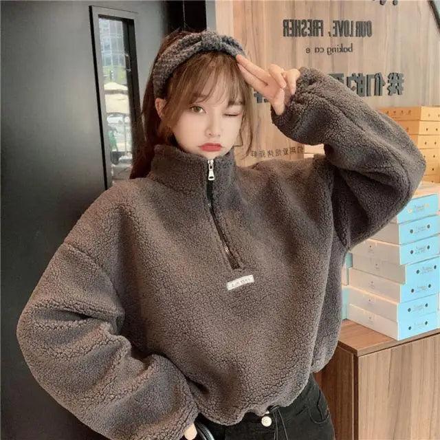 New Autumn Winter Hoodies Women New Imitation Lamb Short Plus Thick Sweatshirt Female Loose Student Jacket Tops Sweatshirt For Men And Women Fleece Sweatshirt Warm Winter Sweatshirt