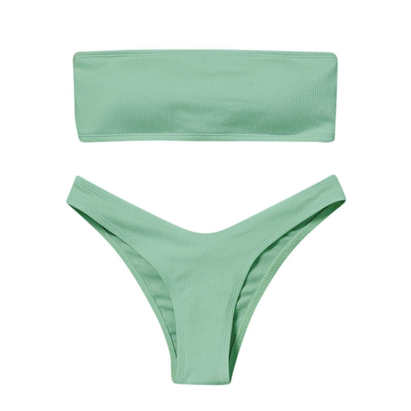 New Bikini High Waist Strapless Bikini Women Swimwear Women Swimsuit Padded Bathing Suit Pure Color Women's Bandeau Bikini Top-High Leg High Waist Bikini Bottom Set