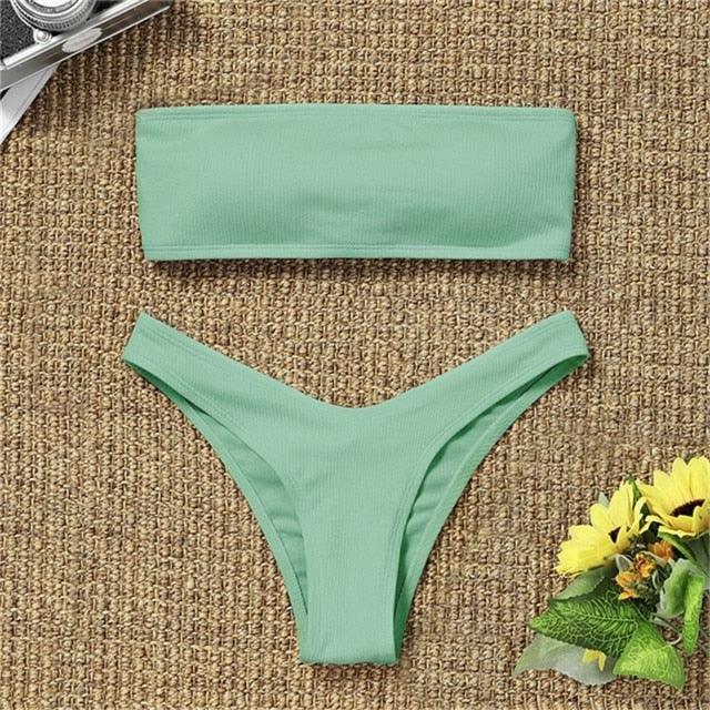 New Bikini High Waist Strapless Bikini Women Swimwear Women Swimsuit Padded Bathing Suit Pure Color Women's Bandeau Bikini Top-High Leg High Waist Bikini Bottom Set