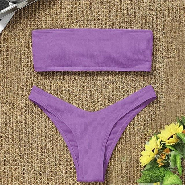 New Bikini High Waist Strapless Bikini Women Swimwear Women Swimsuit Padded Bathing Suit Pure Color Women's Bandeau Bikini Top-High Leg High Waist Bikini Bottom Set
