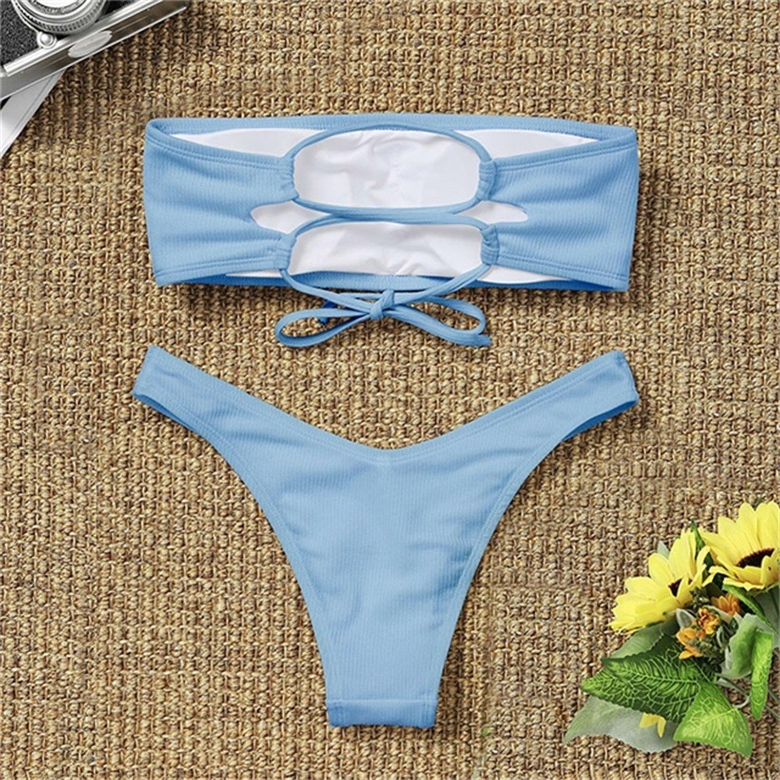 New Bikini High Waist Strapless Bikini Women Swimwear Women Swimsuit Padded Bathing Suit Pure Color Women's Bandeau Bikini Top-High Leg High Waist Bikini Bottom Set