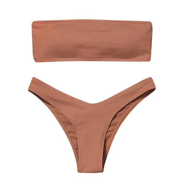 New Bikini High Waist Strapless Bikini Women Swimwear Women Swimsuit Padded Bathing Suit Pure Color Women's Bandeau Bikini Top-High Leg High Waist Bikini Bottom Set