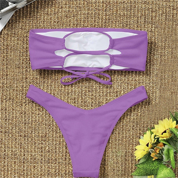 New Bikini High Waist Strapless Bikini Women Swimwear Women Swimsuit Padded Bathing Suit Pure Color Women's Bandeau Bikini Top-High Leg High Waist Bikini Bottom Set