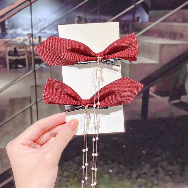 New Bow Pearls Chain Barrettes Hairpins For Women Rhinestone Spring Hair Clips Ribbon Headband Ponytail Headdress Wedding Hair Accessories for Brides and Bridesmaids