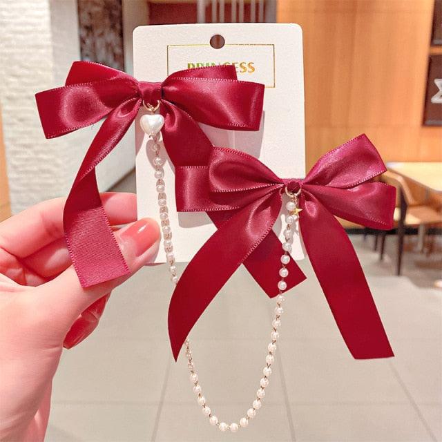 New Bow Pearls Chain Barrettes Hairpins For Women Rhinestone Spring Hair Clips Ribbon Headband Ponytail Headdress Wedding Hair Accessories for Brides and Bridesmaids