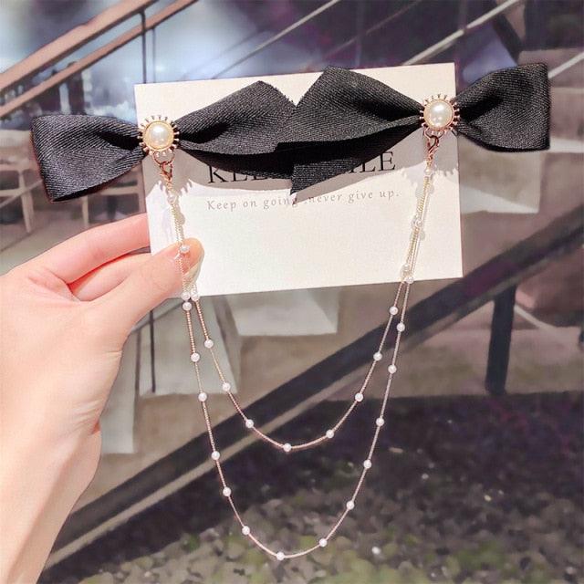 New Bow Pearls Chain Barrettes Hairpins For Women Rhinestone Spring Hair Clips Ribbon Headband Ponytail Headdress Wedding Hair Accessories for Brides and Bridesmaids