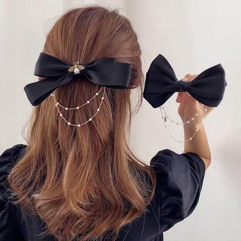 New Bow Pearls Chain Barrettes Hairpins For Women Rhinestone Spring Hair Clips Ribbon Headband Ponytail Headdress Wedding Hair Accessories for Brides and Bridesmaids