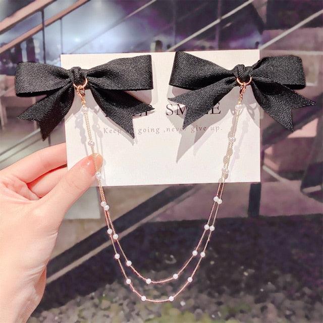 New Bow Pearls Chain Barrettes Hairpins For Women Rhinestone Spring Hair Clips Ribbon Headband Ponytail Headdress Wedding Hair Accessories for Brides and Bridesmaids