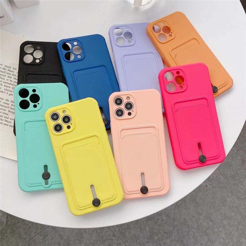 New Candy Color Wallet Card Case For iPhone 13 11 12 14 Pro Max Soft Silicone Shockproof Cover Silicone Protective Case Soft Slim Card Slot Case Compatible with iPhone 11 Purple Phone Case