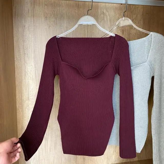 New Casual And Trendy Square Collar Long Sleeve Woman's Sweaters Knitted Pullover Spring Autumn Sweater Winter Tops For Women Black And White Jumper
