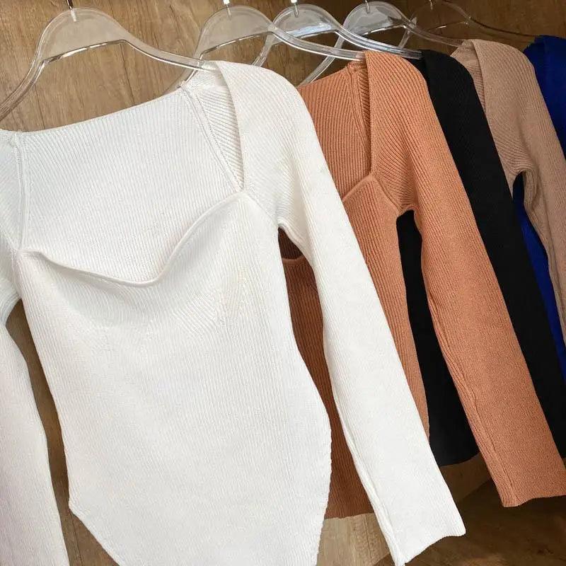 New Casual And Trendy Square Collar Long Sleeve Woman's Sweaters Knitted Pullover Spring Autumn Sweater Winter Tops For Women Black And White Jumper