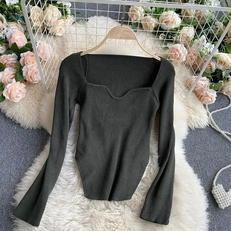 New Casual And Trendy Square Collar Long Sleeve Woman's Sweaters Knitted Pullover Spring Autumn Sweater Winter Tops For Women Black And White Jumper