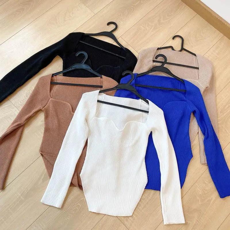 New Casual And Trendy Square Collar Long Sleeve Woman's Sweaters Knitted Pullover Spring Autumn Sweater Winter Tops For Women Black And White Jumper