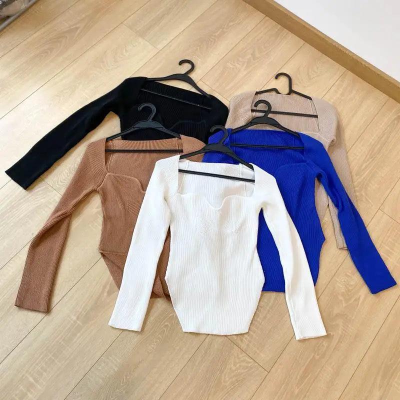 New Casual And Trendy Square Collar Long Sleeve Woman's Sweaters Knitted Pullover Spring Autumn Sweater Winter Tops For Women Black And White Jumper