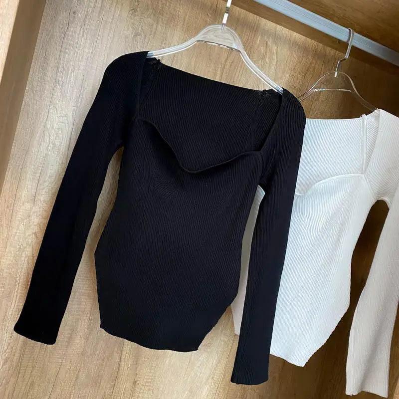 New Casual And Trendy Square Collar Long Sleeve Woman's Sweaters Knitted Pullover Spring Autumn Sweater Winter Tops For Women Black And White Jumper