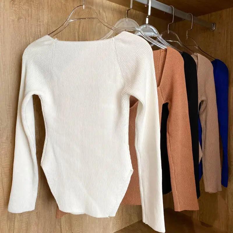 New Casual And Trendy Square Collar Long Sleeve Woman's Sweaters Knitted Pullover Spring Autumn Sweater Winter Tops For Women Black And White Jumper