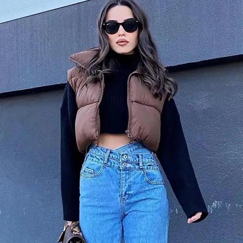 New Chic Lady Fashionable Women's Casual High Collar In Coffee Color Short Outwear Zippers Sleeveless Jackets Vest