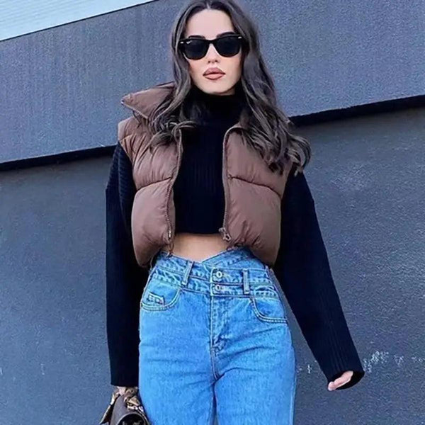 New Chic Lady Fashionable Women's Casual High Collar In Coffee Color Short Outwear Zippers Sleeveless Jackets Vest