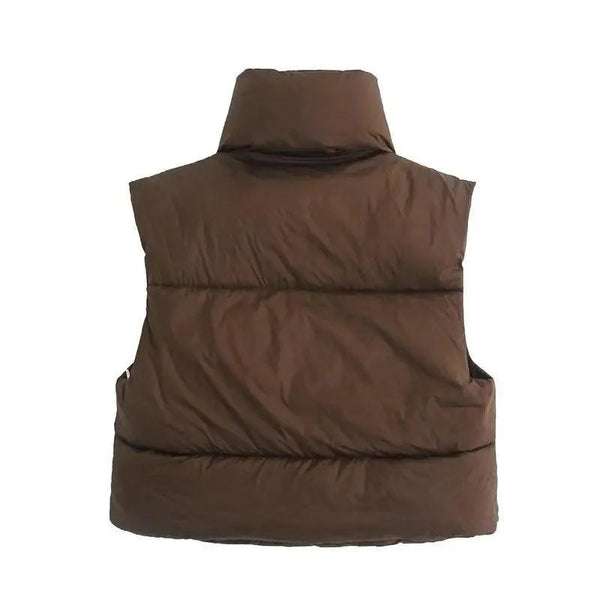 New Chic Lady Fashionable Women's Casual High Collar In Coffee Color Short Outwear Zippers Sleeveless Jackets Vest