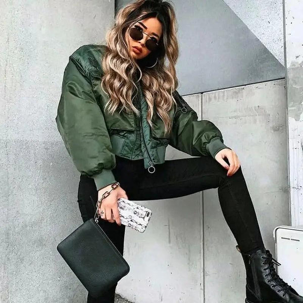 New Classic Design Autumn Winter Green Short Jackets Women Fashionable Long Sleeve Zipper Bomber Jacket Outwear Women's Coat