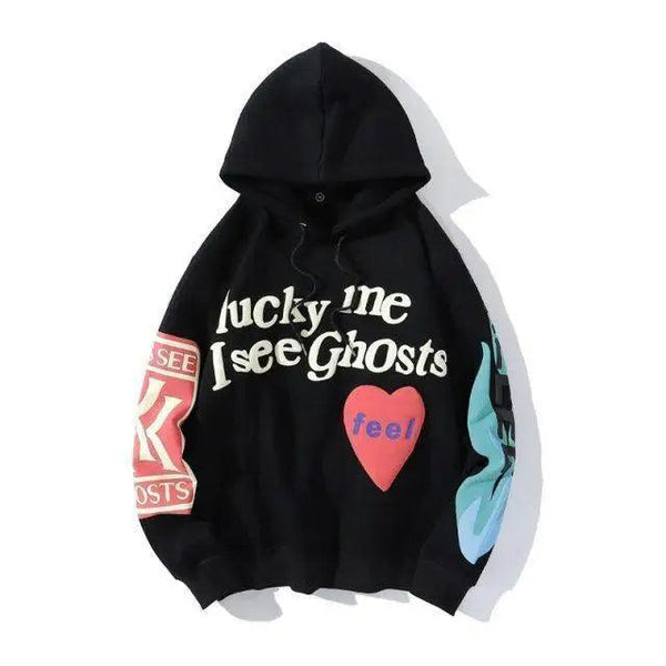 New Cool Printed Hoodies For Men Trendy Stylish Casual Wear For Winter Party Wear  Men Hooded Sweatshirts Lucky Me I See Ghosts Hoodie Hip Hop Street Rapper Unisex Couple Sweatshirt With Novelty Printing for Men Women