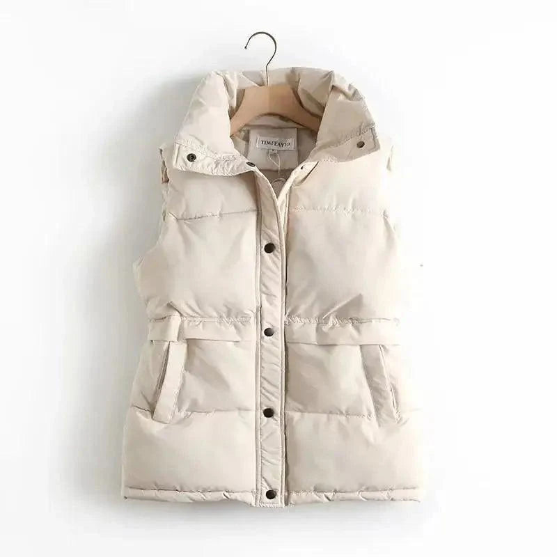 New Cotton Padded Autumn Winter Women's Solid Loose Vest Drawstring Stand Collar Long Vest Jacket Women Windproof Warm Waistcoat