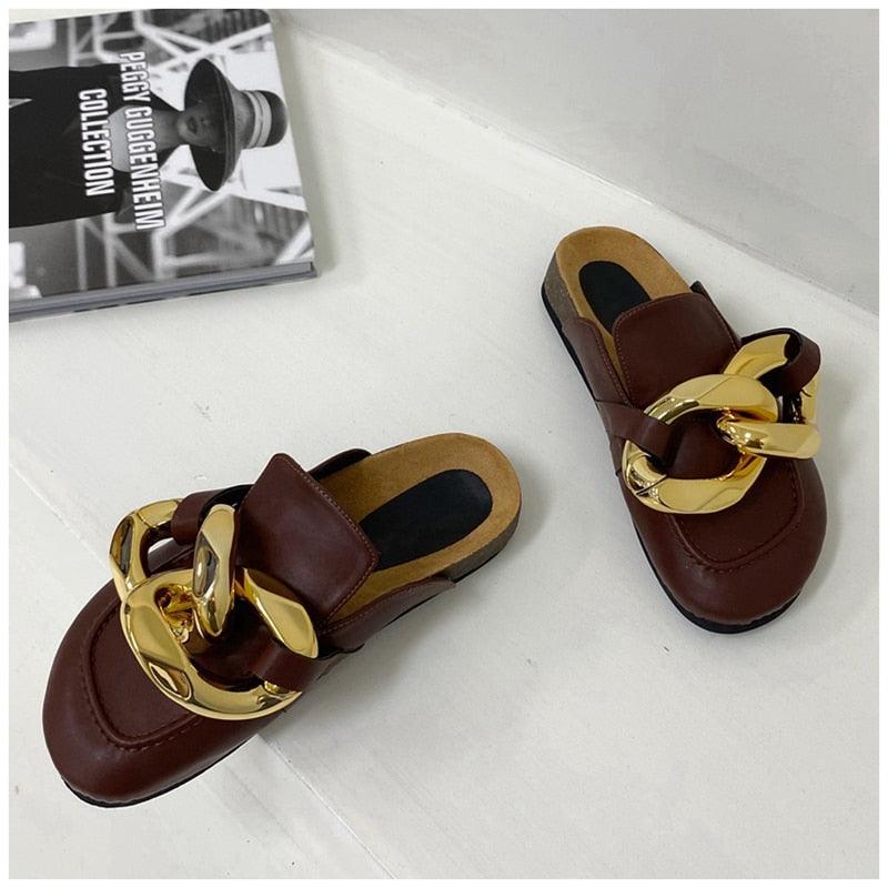 Gold Chain Women Slipper Closed Toe Slip On Mules Shoes Round Toe Low Heels Casual Slides Flat Sandals Slip On Slide Sandals Elegant Heels Slides Slippers