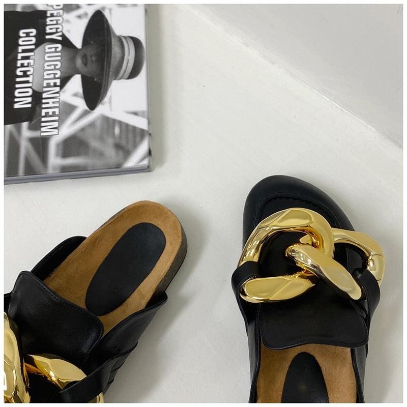 Gold Chain Women Slipper Closed Toe Slip On Mules Shoes Round Toe Low Heels Casual Slides Flat Sandals Slip On Slide Sandals Elegant Heels Slides Slippers