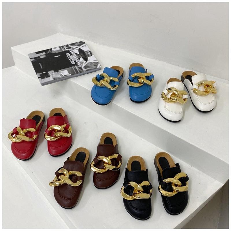 Gold Chain Women Slipper Closed Toe Slip On Mules Shoes Round Toe Low Heels Casual Slides Flat Sandals Slip On Slide Sandals Elegant Heels Slides Slippers