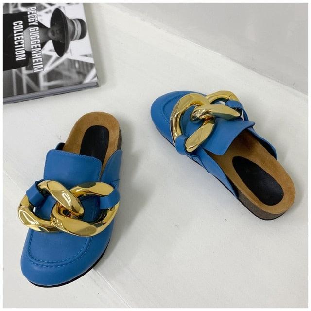 Gold Chain Women Slipper Closed Toe Slip On Mules Shoes Round Toe Low Heels Casual Slides Flat Sandals Slip On Slide Sandals Elegant Heels Slides Slippers